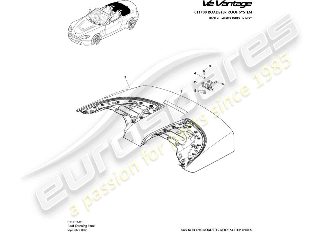 aston martin v12 vantage (2013) roof opening panel part diagram