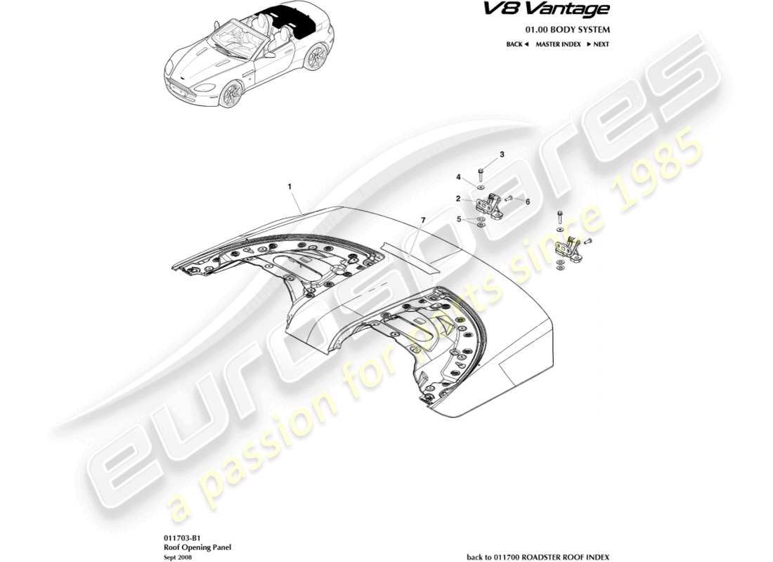aston martin v8 vantage (2014) roof opening panel part diagram