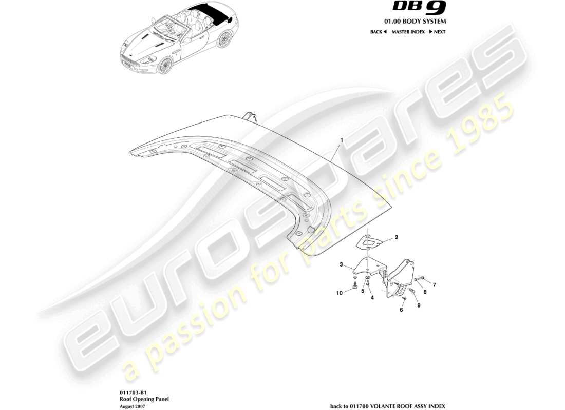 aston martin db9 (2006) roof opening panel part diagram