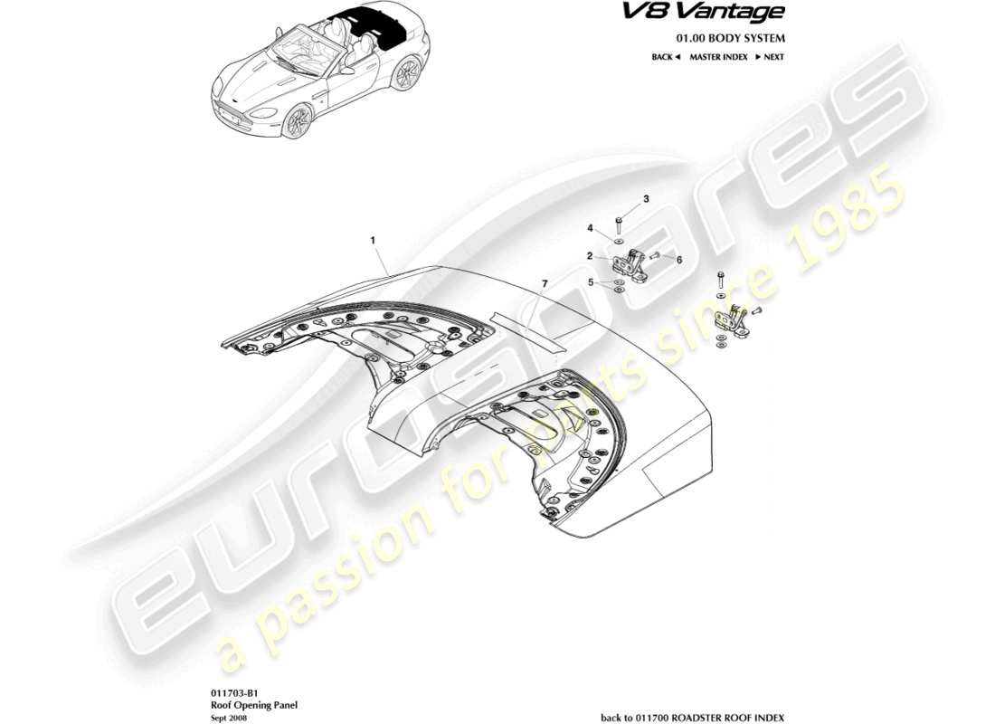 aston martin v8 vantage (2018) roof opening panel part diagram