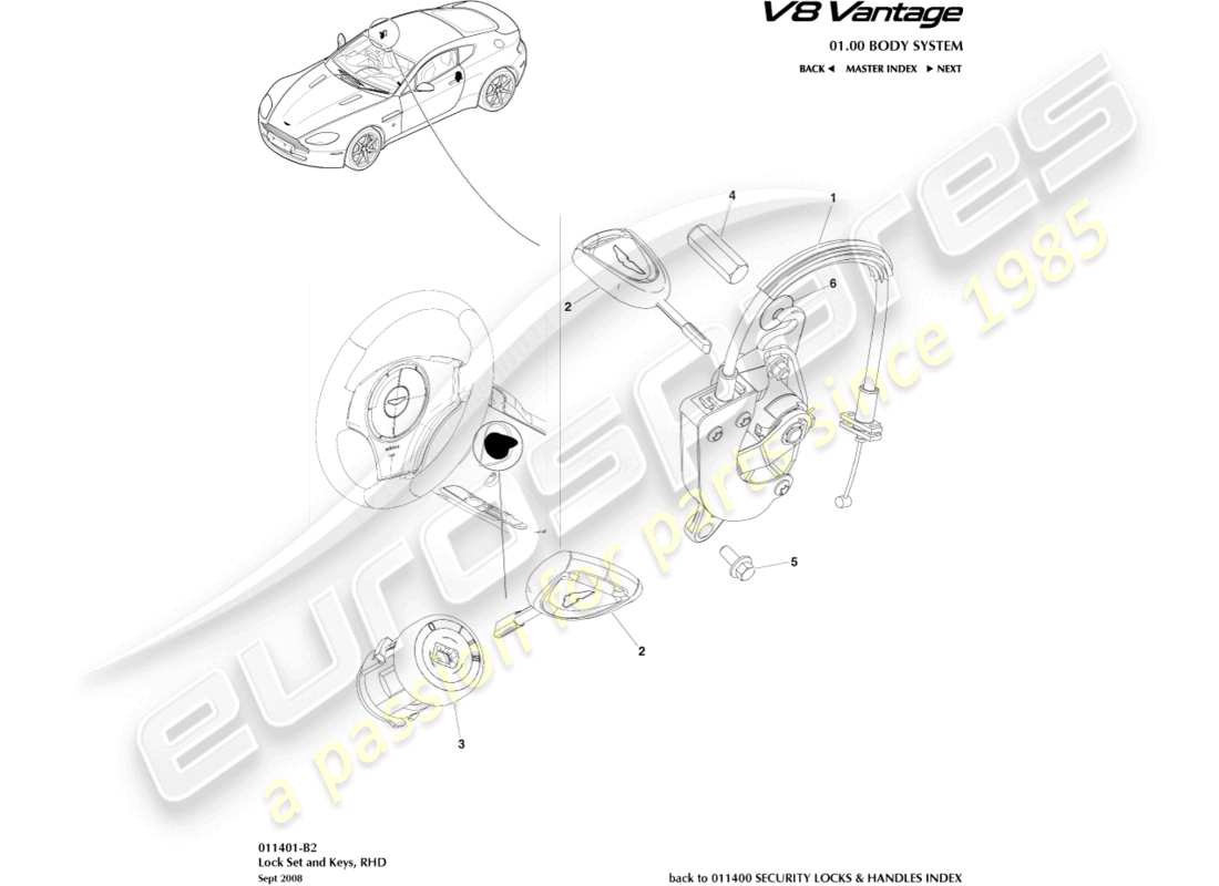 aston martin v8 vantage (2018) lock set and keys, rhd part diagram