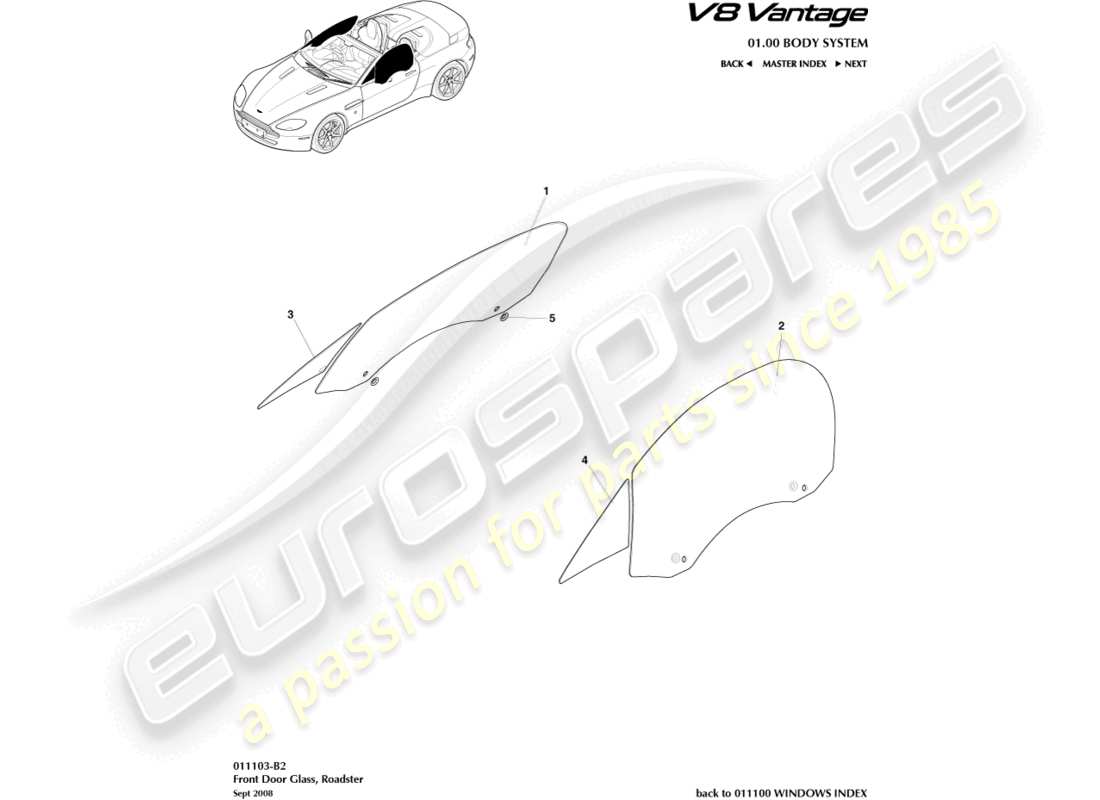 aston martin v8 vantage (2018) door glass, roadster part diagram