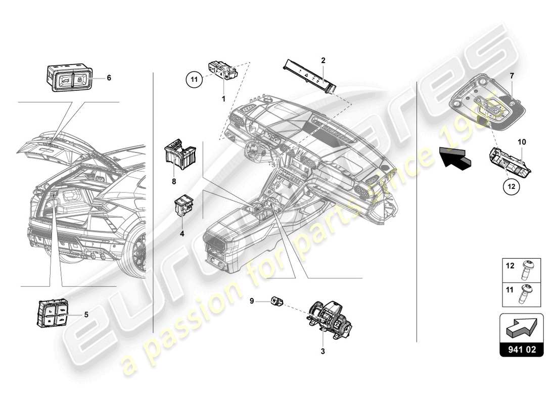 lamborghini urus s (2023) control panel with pushbuttons parts diagram