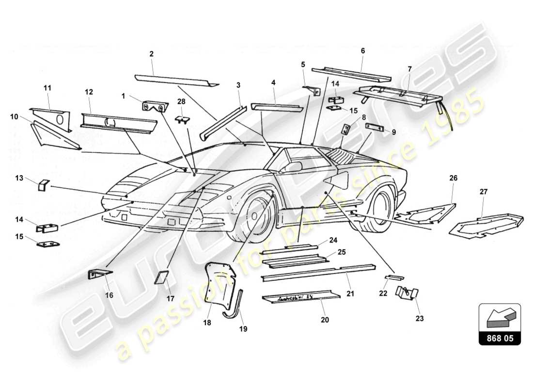 lamborghini countach 25th anniversary (1989) supports and guards part diagram