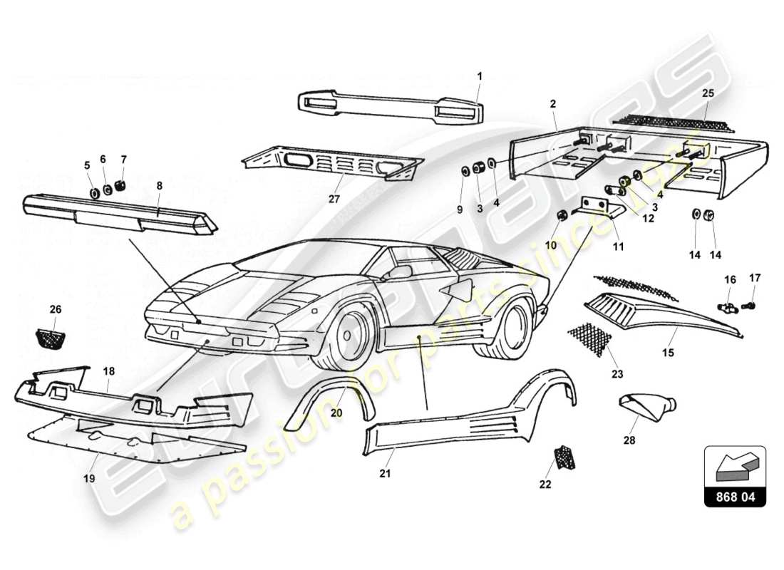 lamborghini countach 25th anniversary (1989) external lining part diagram