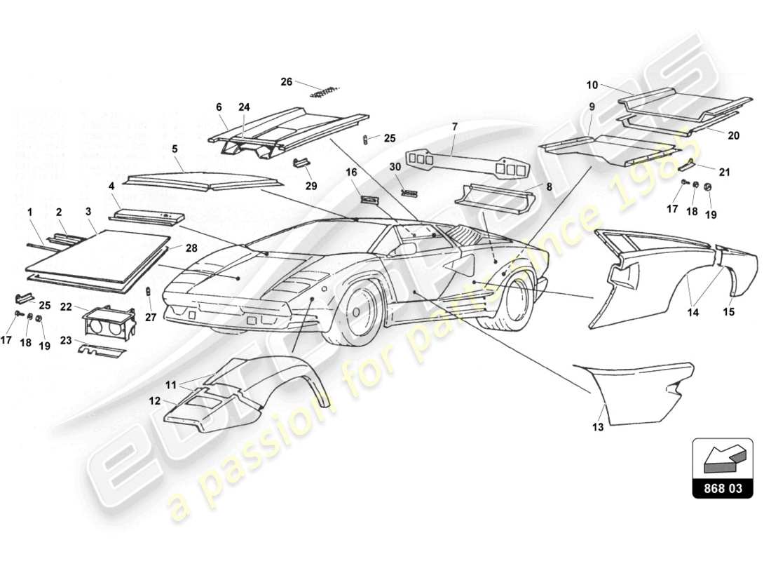 lamborghini countach 25th anniversary (1989) external lining part diagram