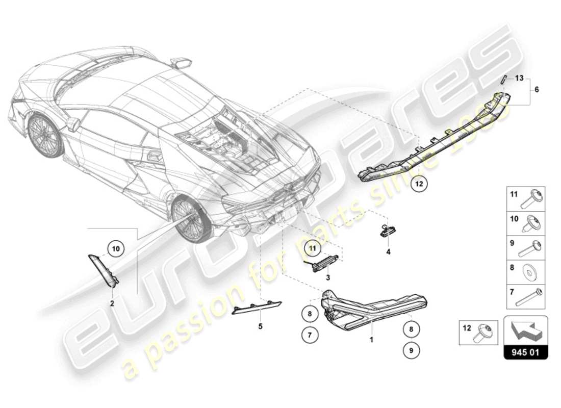 lamborghini revuelto coupe (2024) tail lights with turn signal, brake and tail lights, reflector part diagram