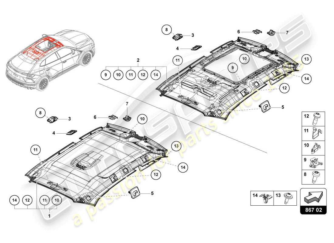 lamborghini urus (2021) roof trim parts diagram