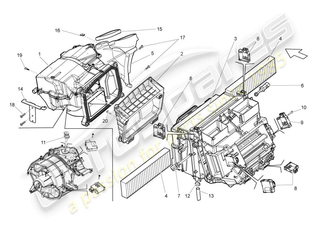 lamborghini lp560-4 coupe fl ii (2014) air distribution housing for electronically controlled air-conditioning system part diagram