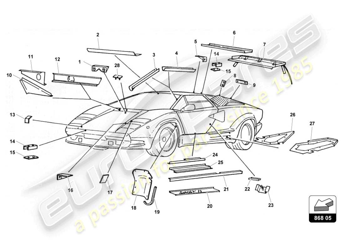a part diagram from the lamborghini countach parts catalogue