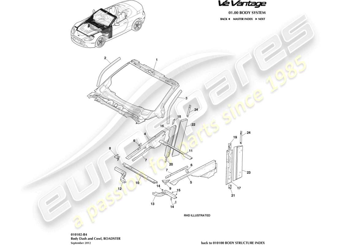 aston martin v12 vantage (2010) body dash and cowl, roadster part diagram