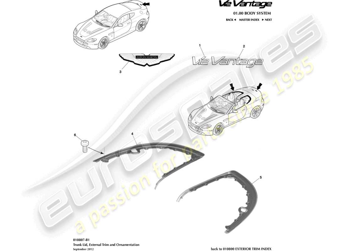aston martin v12 vantage (2013) trunk lid trim part diagram