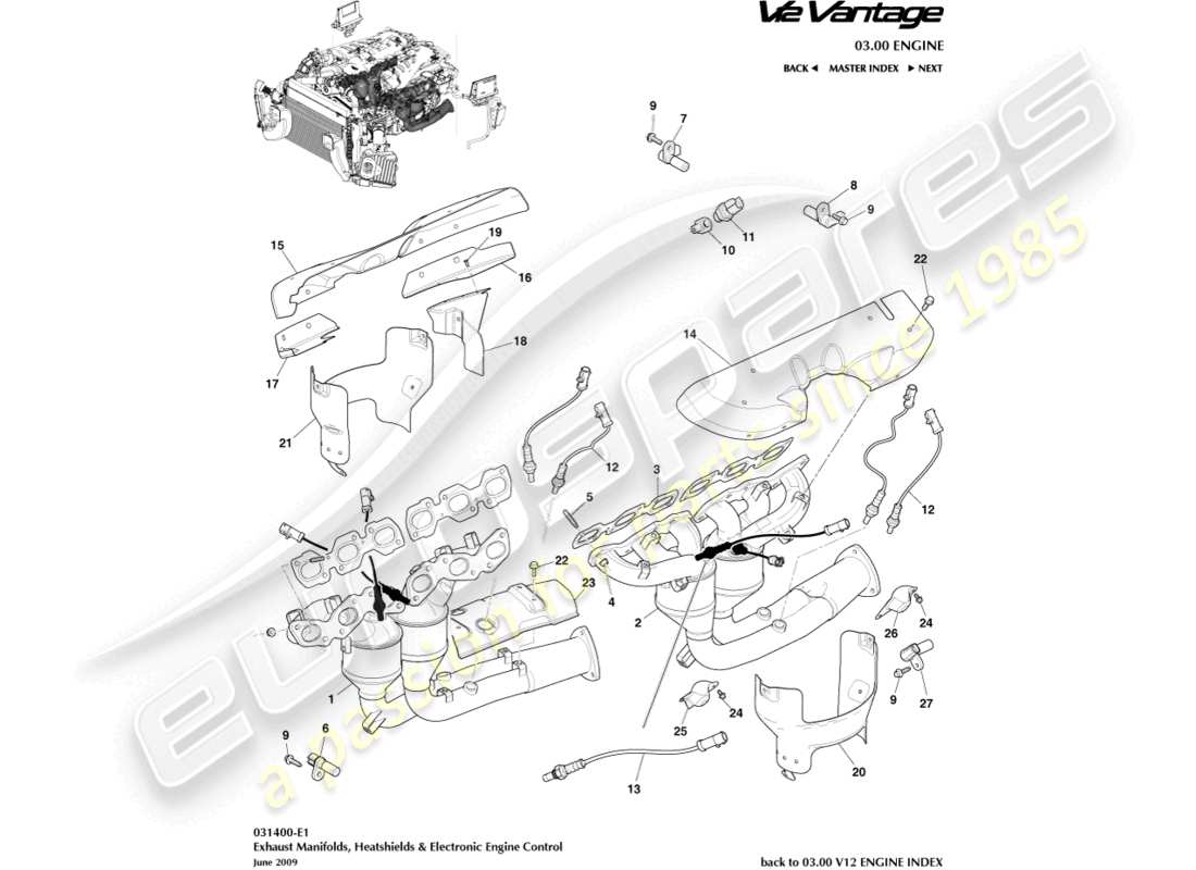 aston martin v12 vantage (2013) exhaust manifolds part diagram