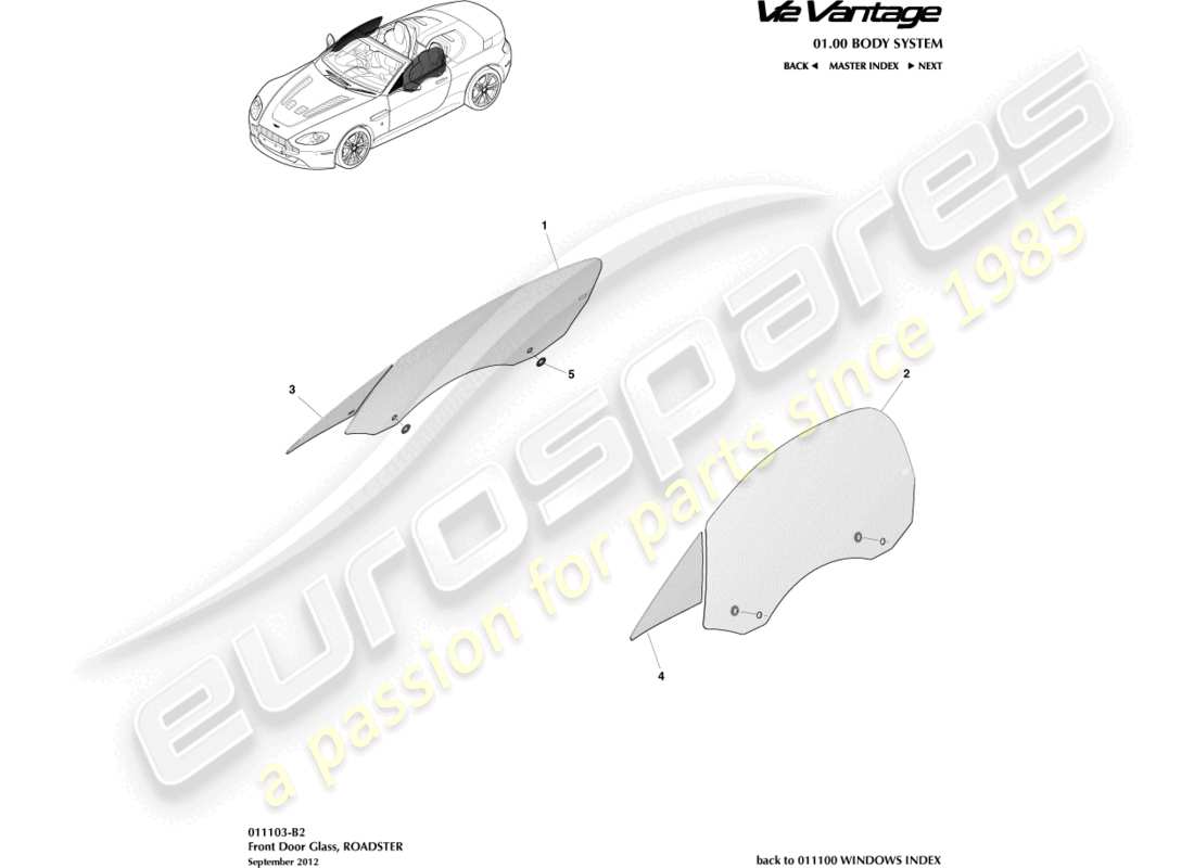 aston martin v12 vantage (2011) door glass, roadster part diagram