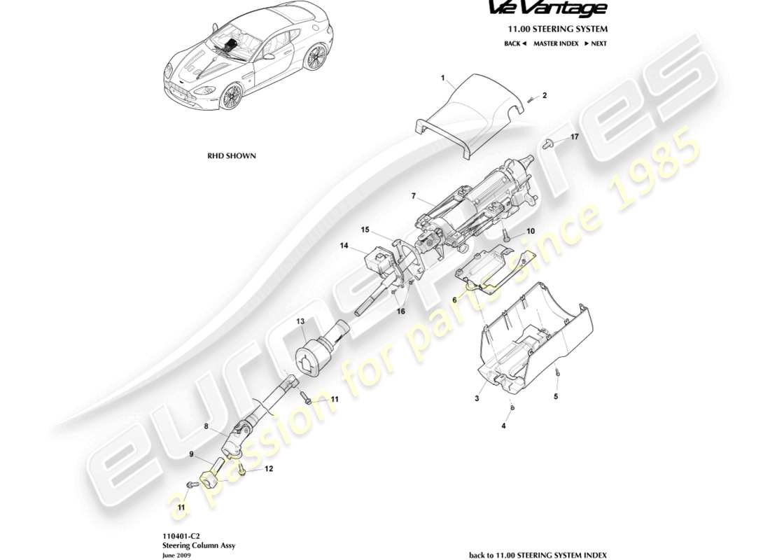 aston martin v12 vantage (2010) steering column assembly part diagram