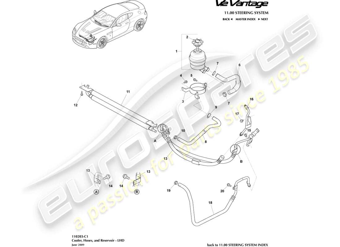aston martin v12 vantage (2011) cooler, hoses & reservoir, lhd part diagram