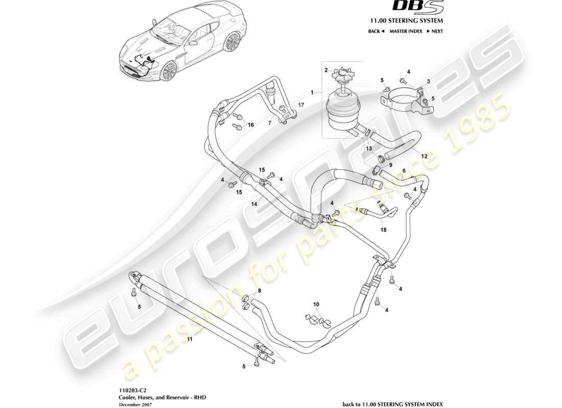 aston martin dbs (2008) cooler, hoses & reservoir, rhd part diagram