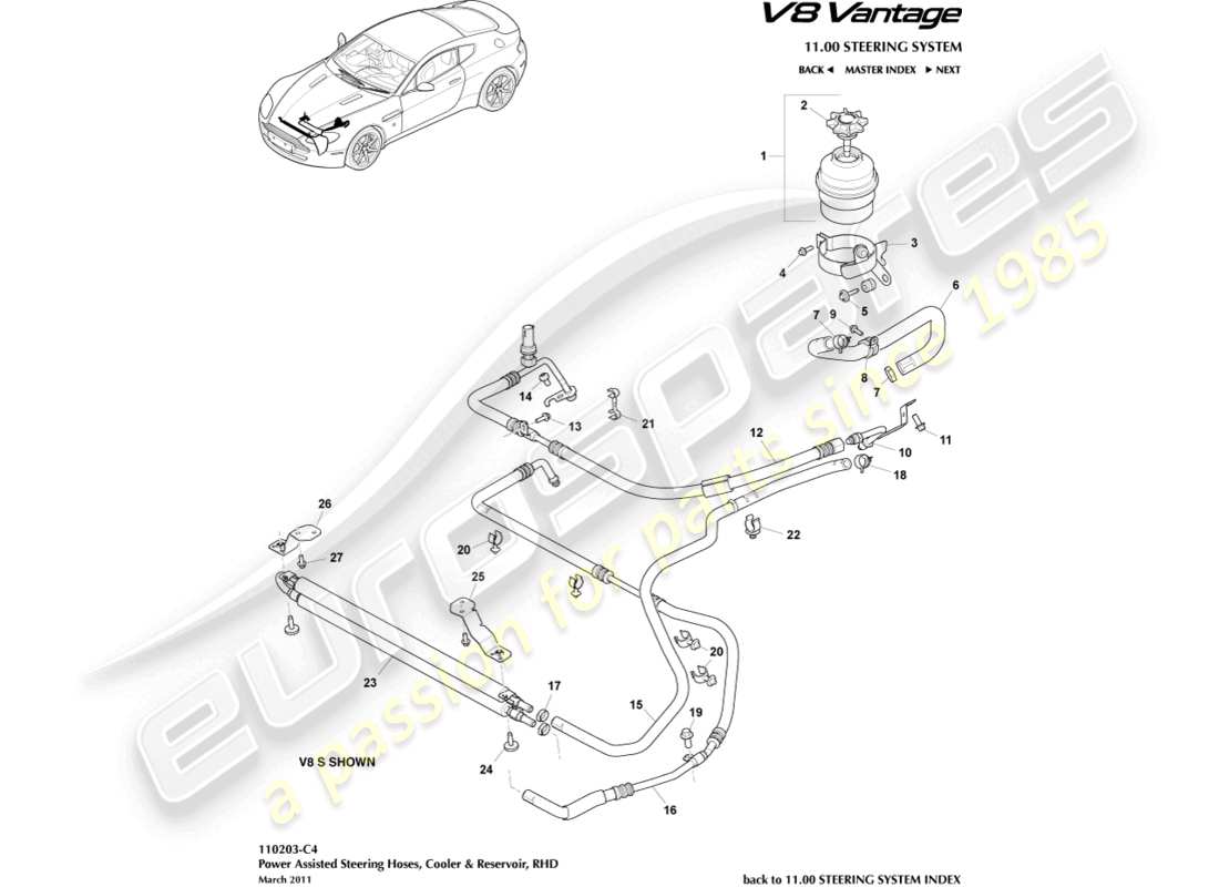 aston martin v8 vantage (2015) cooler, hoses & reservoir, rhd part diagram
