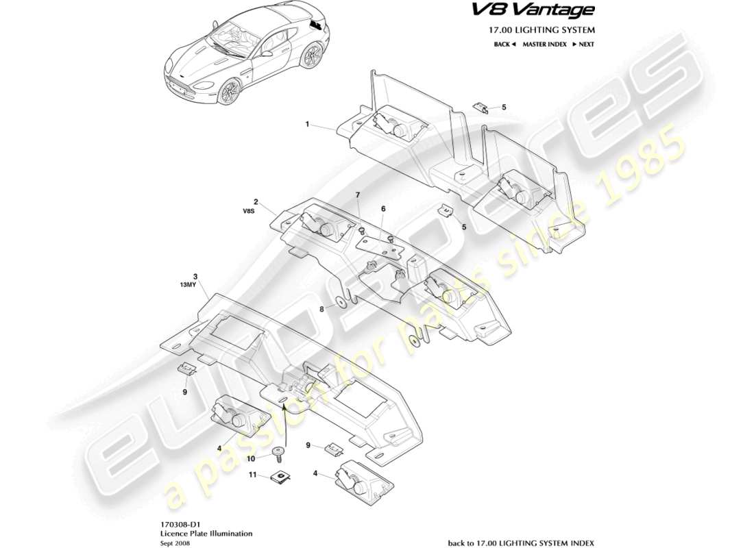 aston martin v8 vantage (2015) license plate lamps part diagram