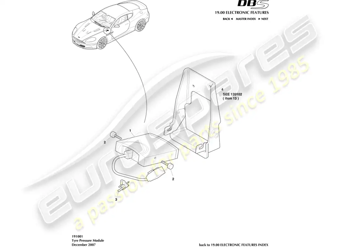 aston martin dbs (2008) tyre pressure module parts diagram