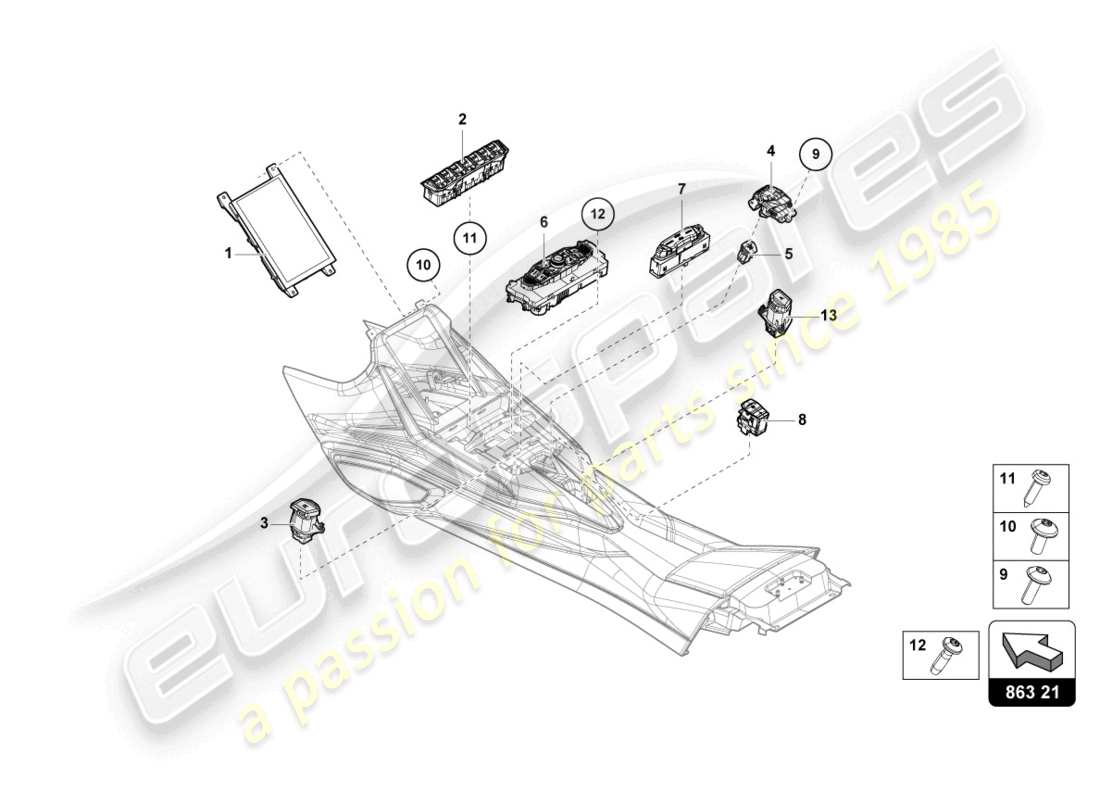 lamborghini sian roadster (2021) switch unit tunnel part diagram