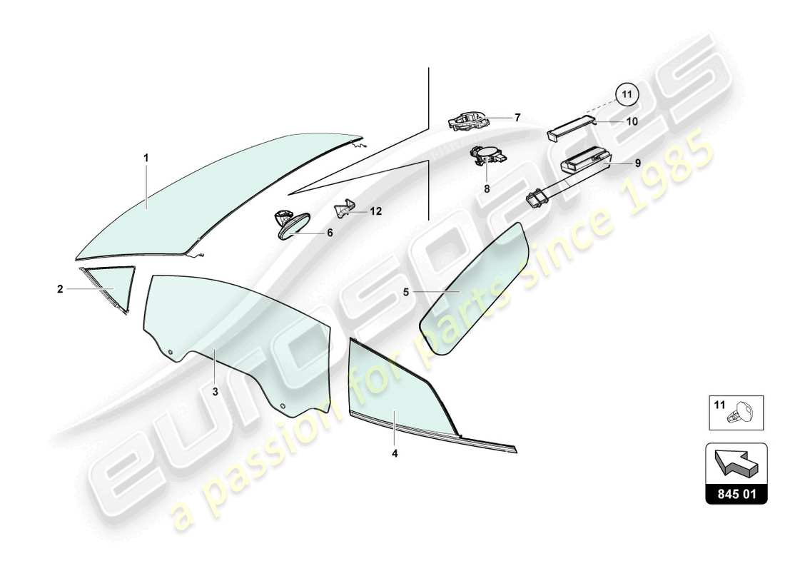 lamborghini 2023 (evo coupe) window glasses part diagram