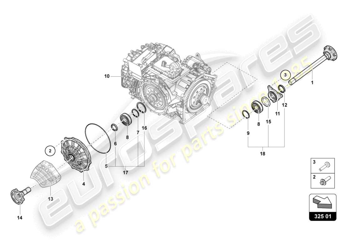 lamborghini evo coupe 2wd (2023) flanged shaft with bearing parts diagram