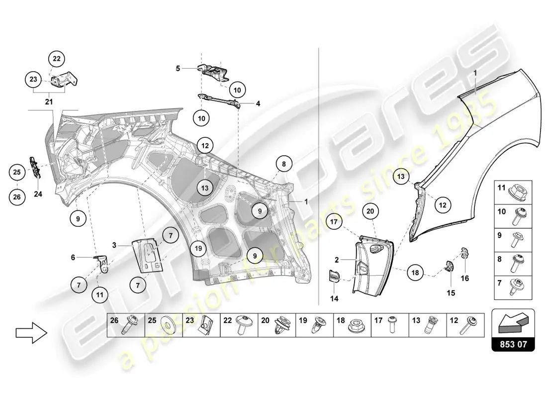 lamborghini evo spyder (2020) wing protector parts diagram