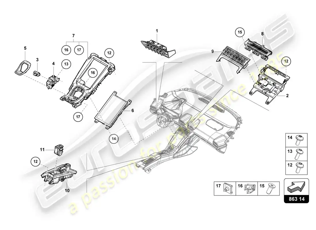 lamborghini evo coupe 2wd (2020) centre console, upper part parts diagram