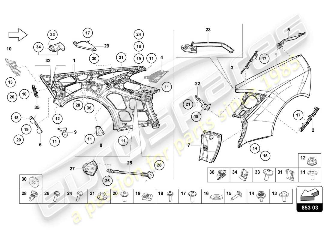 lamborghini evo coupe (2023) wing part diagram