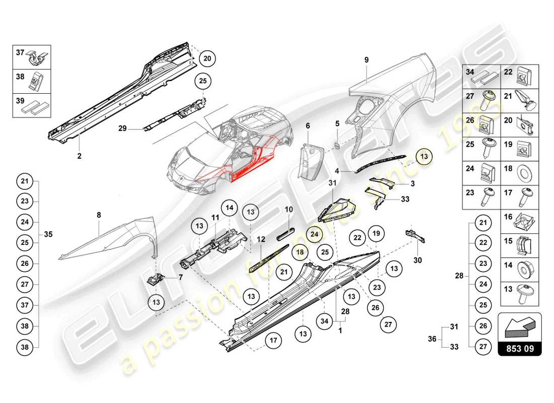 lamborghini evo coupe (2023) lower external side member for wheel housing part diagram
