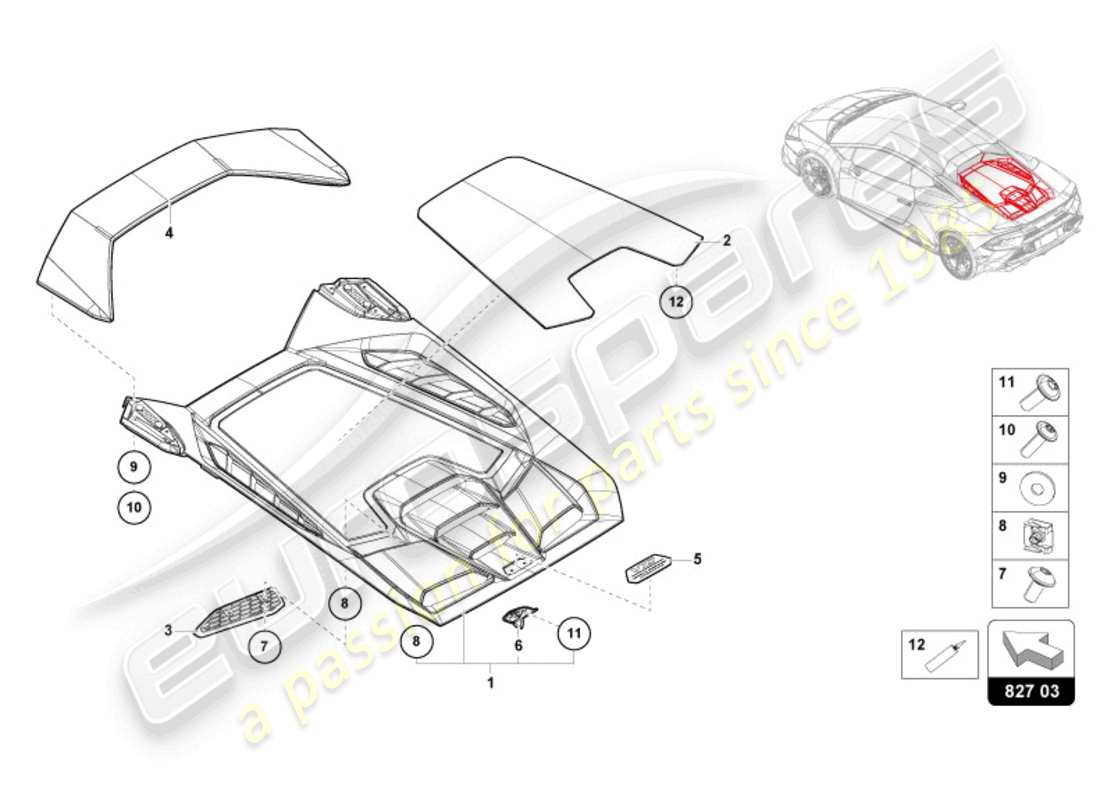 lamborghini 2023 (tecnica) engine cover with insp. cover part diagram