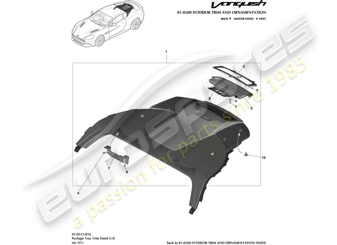 aston martin vanquish (2017) parcel shelf trim panel, 2+0 coupe part diagram