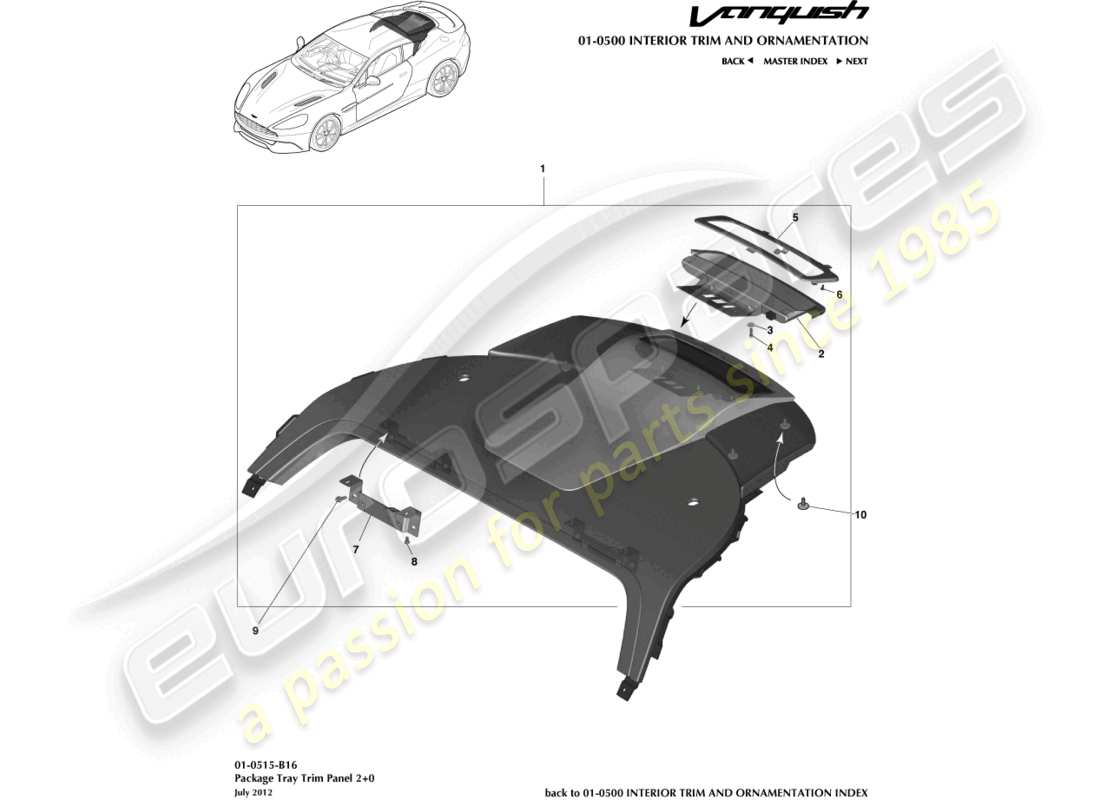 aston martin vanquish (2015) parcel shelf trim panel, 2+0 coupe part diagram