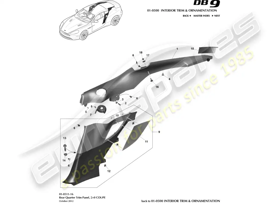 aston martin db9 (2015) rear quarter trim panel, 2+0 coupe parts diagram