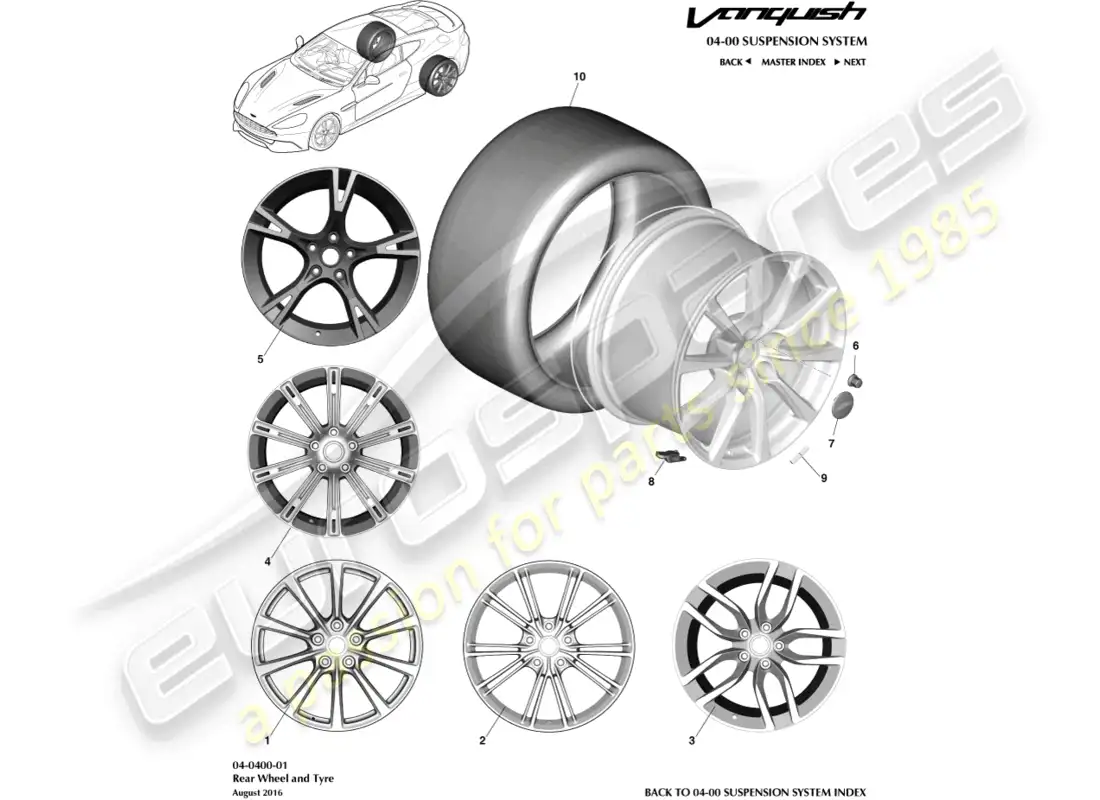 aston martin vanquish (2018) wheel & tyres, rear parts diagram
