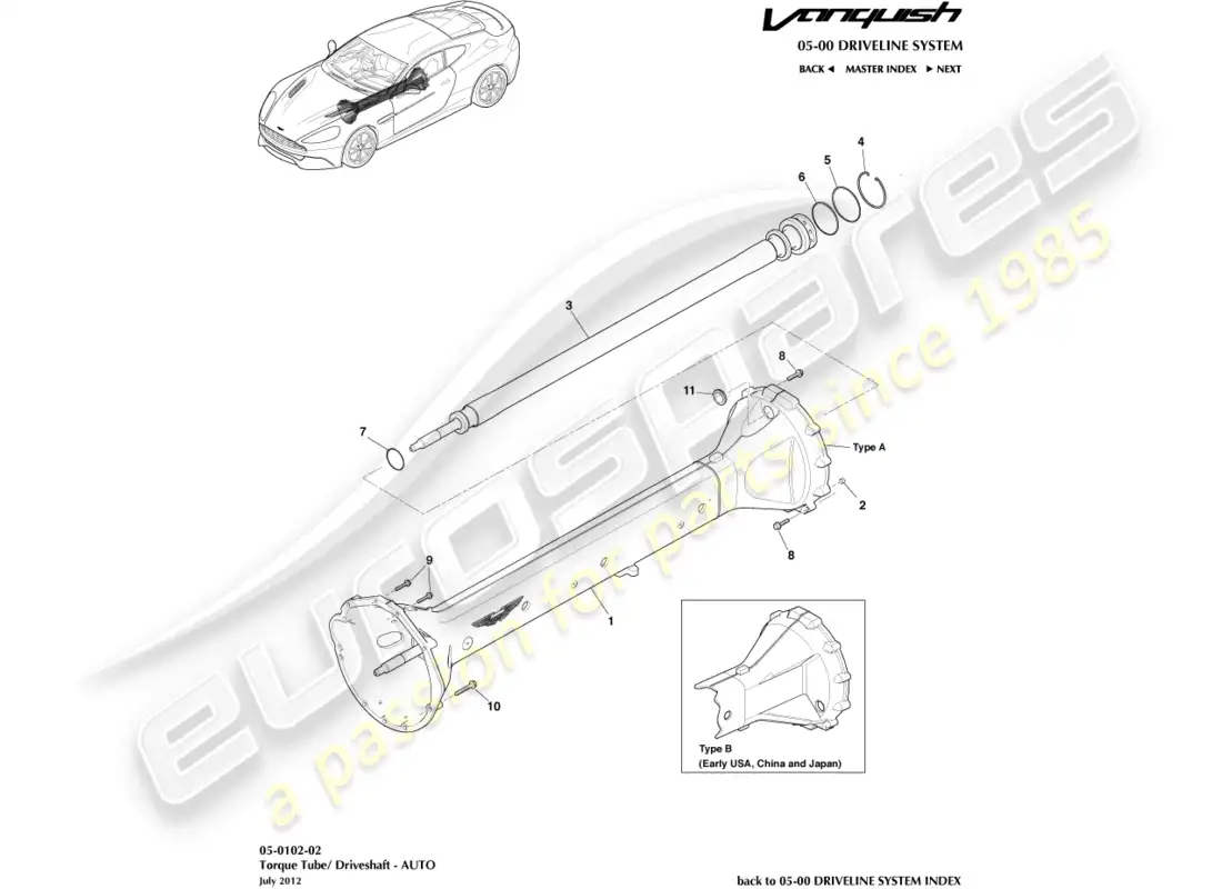 aston martin vanquish (2017) torque tube assembly, 6 spd parts diagram