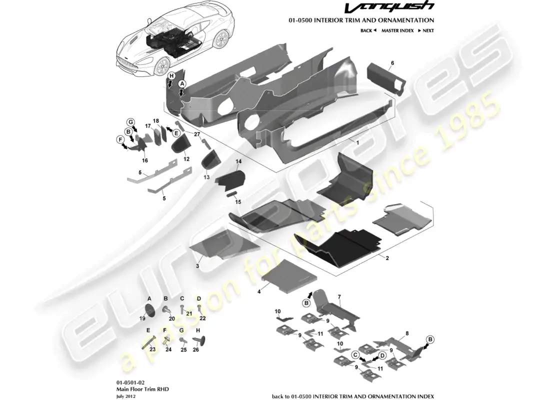 aston martin vanquish (2018) main floor trim, rhd parts diagram