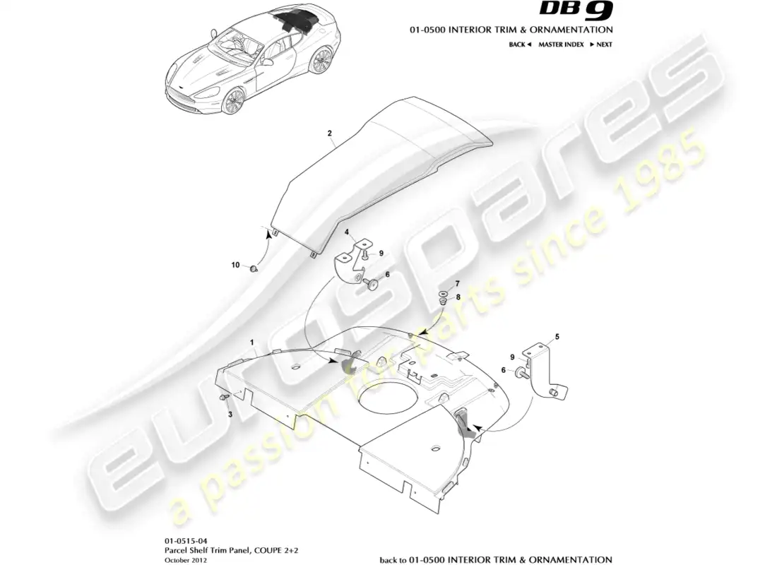 aston martin db9 (2016) parcel shelf trim panel, 2+2 coupe parts diagram