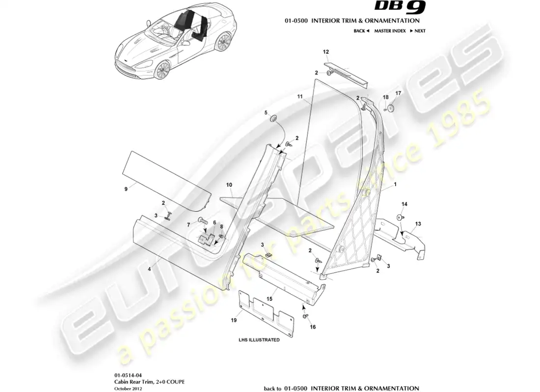 aston martin db9 (2016) cabin rear trim, 2+0 coupe parts diagram