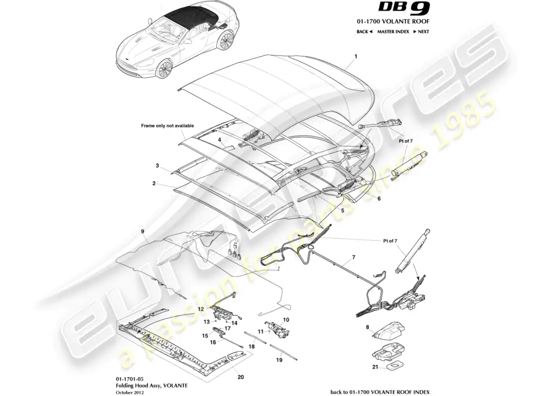 aston martin db9 (2017) volante roof assembly parts diagram