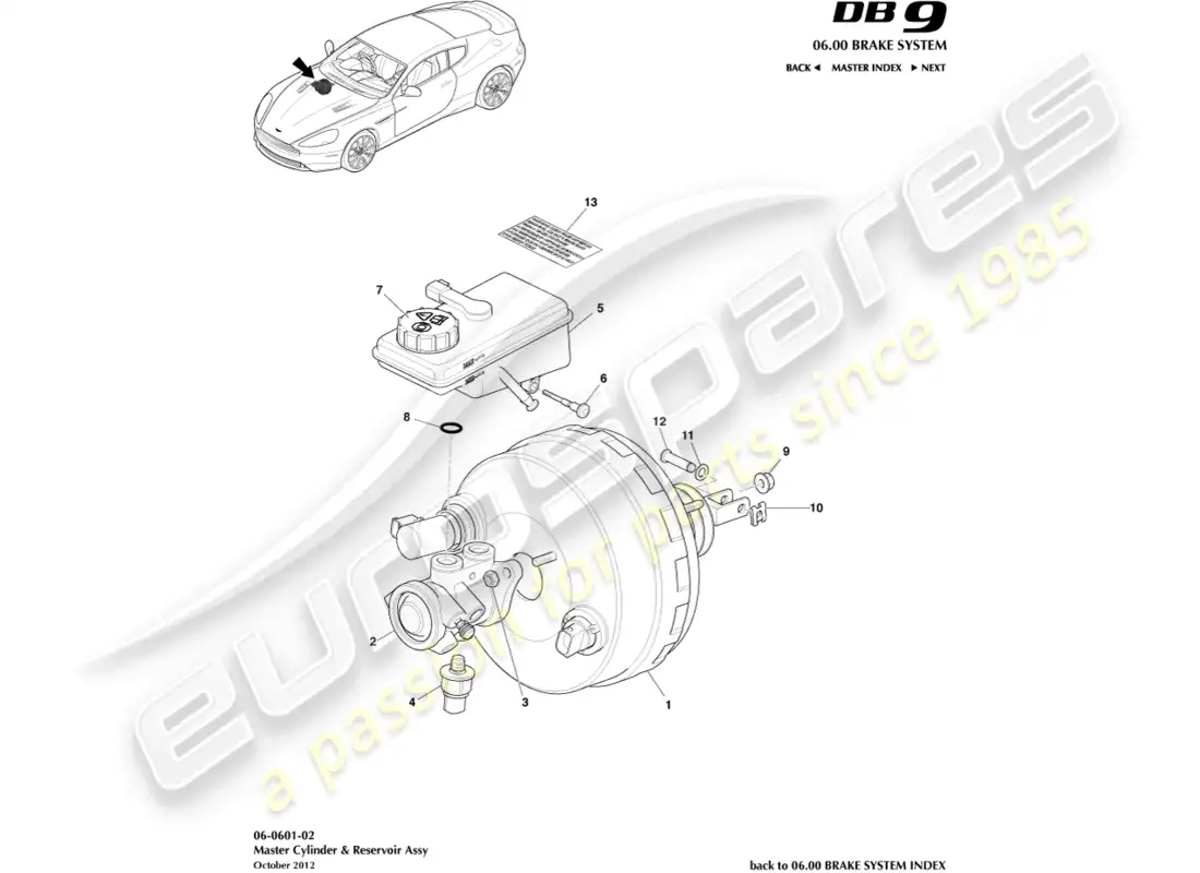 aston martin db9 (2013) master cylinder & reservoir parts diagram