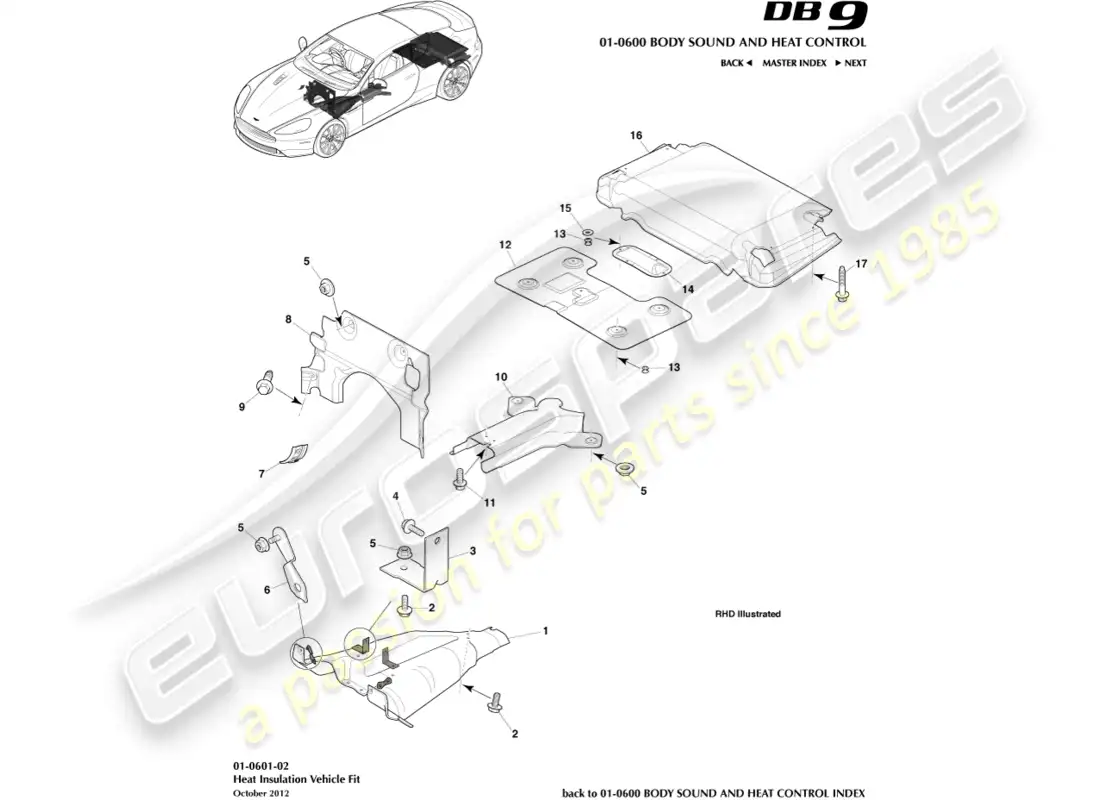 aston martin db9 (2014) heat insulation, vehicle fit parts diagram