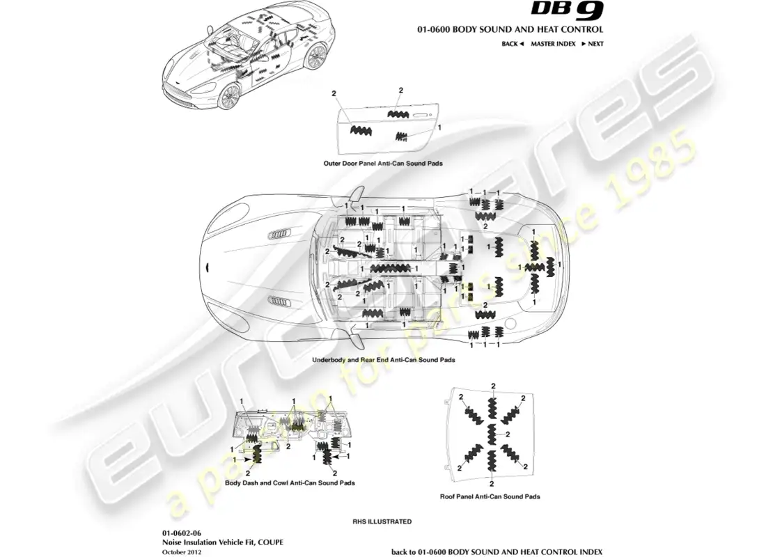aston martin db9 (2014) noise insulation, coupe parts diagram