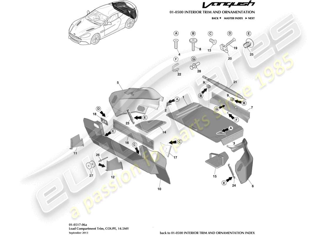 aston martin vanquish (2016) load compartment trim, coupe 14.5my part diagram