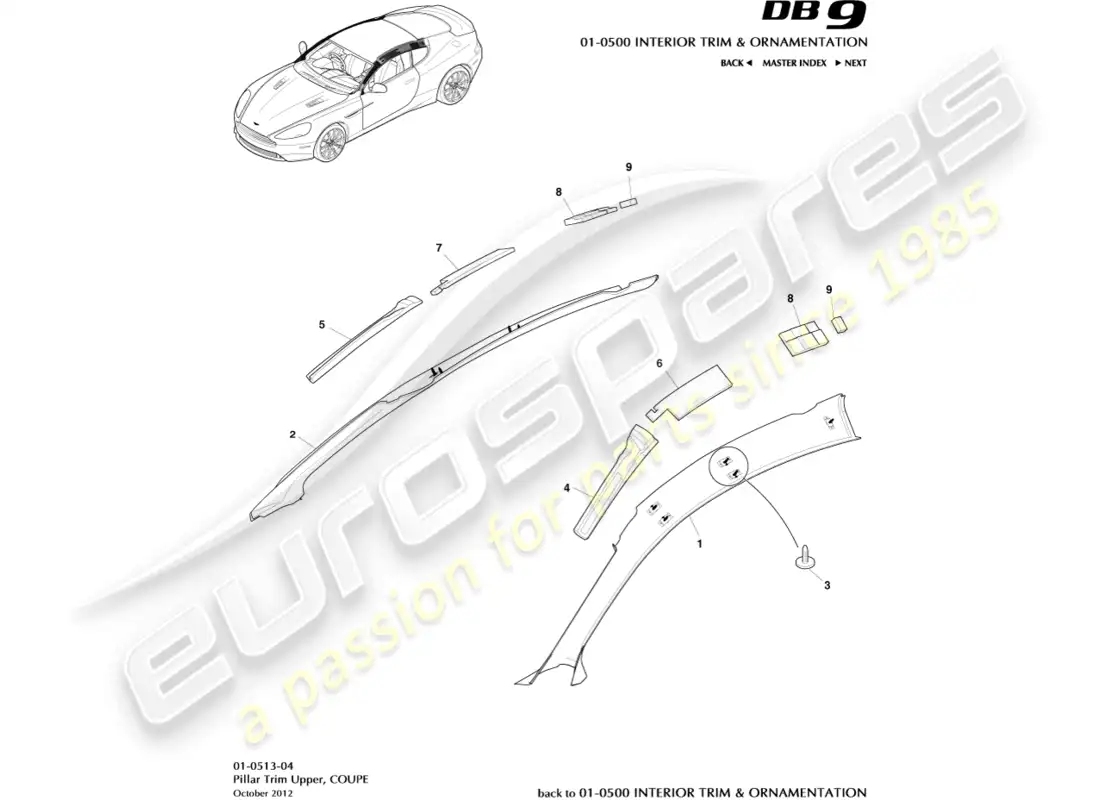 aston martin db9 (2016) pillar trim, upper, coupe parts diagram