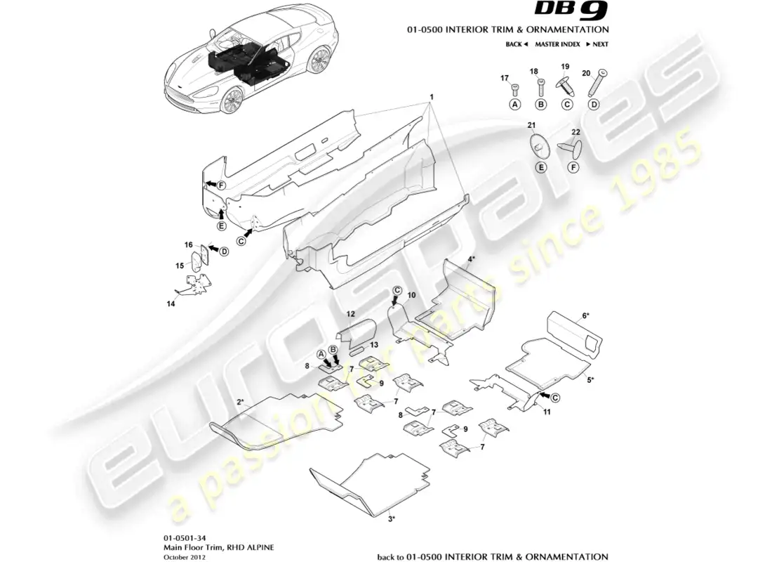 aston martin db9 (2016) main floor trim, rhd, alpine parts diagram