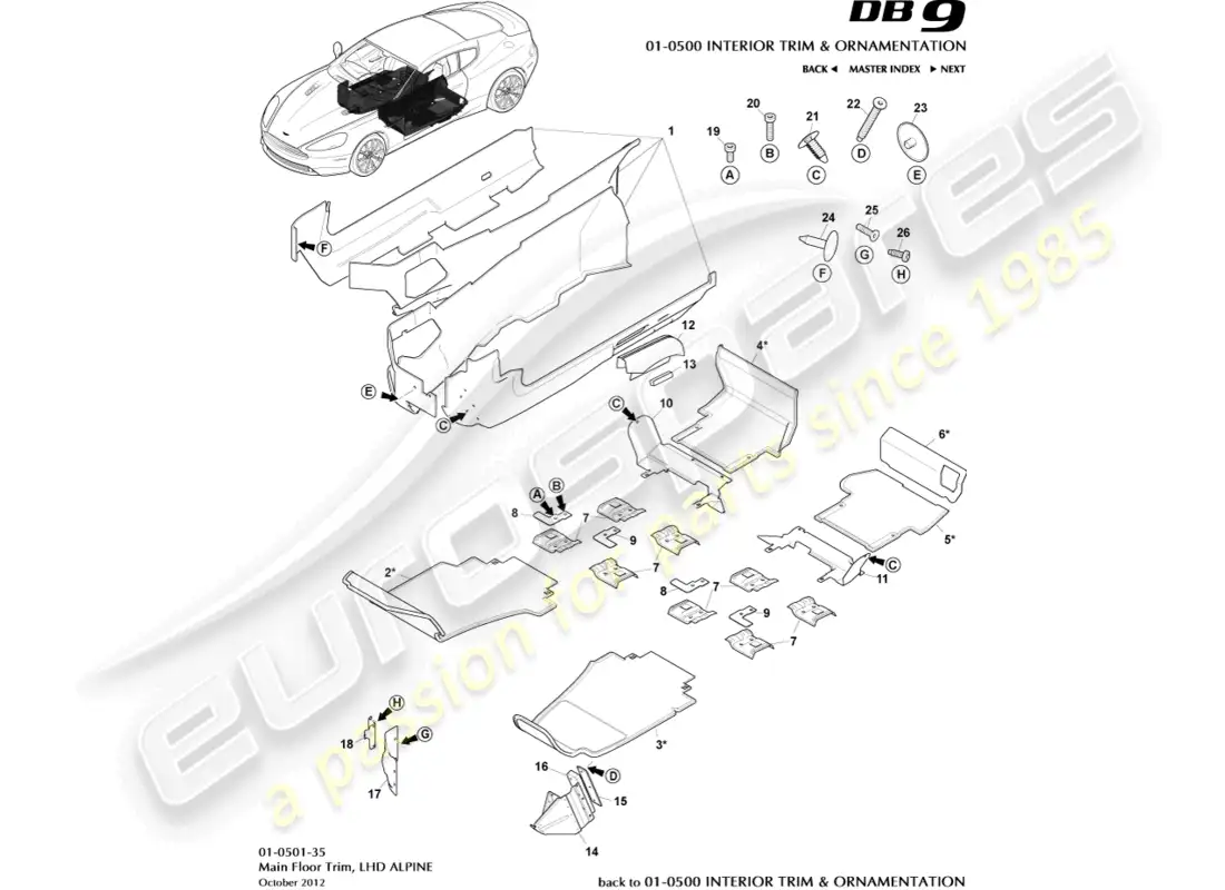 aston martin db9 (2017) main floor trim, lhd, alpine parts diagram