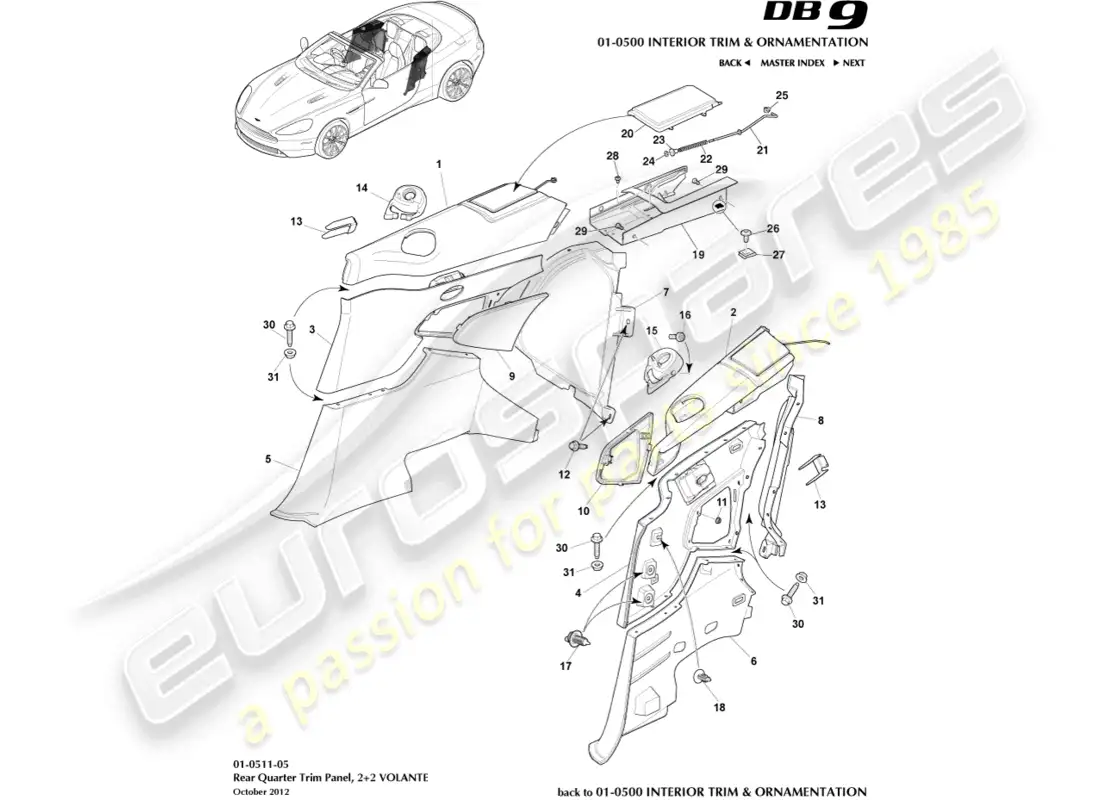 aston martin db9 (2015) rear quarter trim panel, 2+2 volante parts diagram