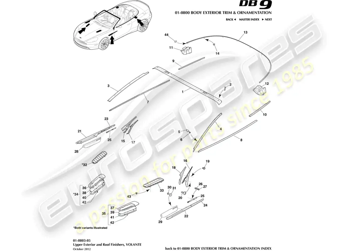 aston martin db9 (2015) upper exterior finishers, volante parts diagram